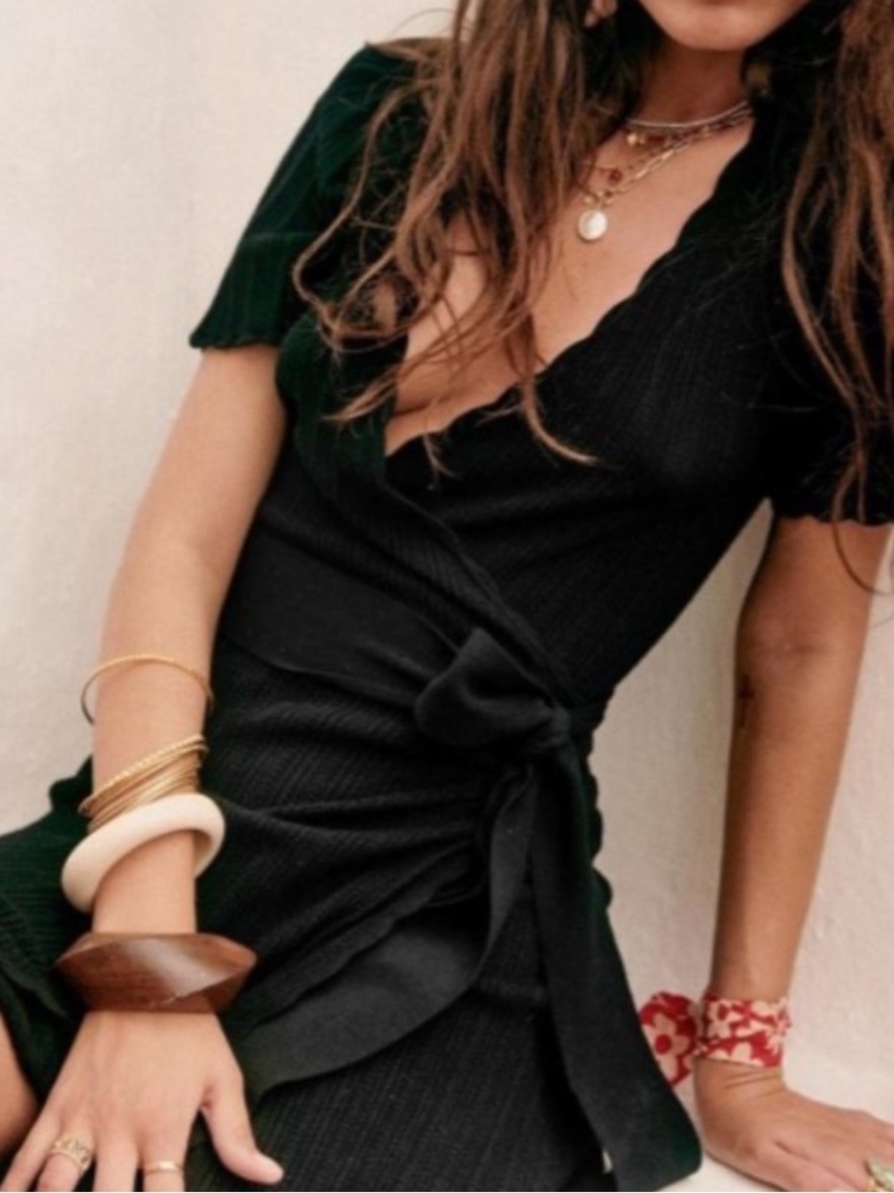 SEZANE Luisa Dress Robe Wrap Scalloped Knit Sweater in Black Size Medium - Picture 4 of 12